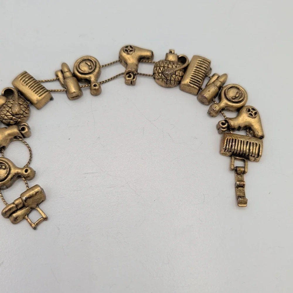 Vintage Gold Tone Hairdresser Salon Stylist Charm Bracelet Comb Mirror Dryer‎